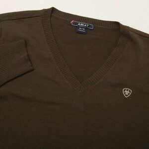 Ariat Sweater Mens XL Green V Neck Elbow Patch Logo Knit Pullover Lightweight